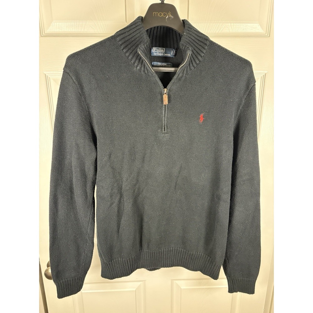 Polo Ralph Lauren Quarter Zip Sweater Mens L Black 100% Cotton Mock Neck